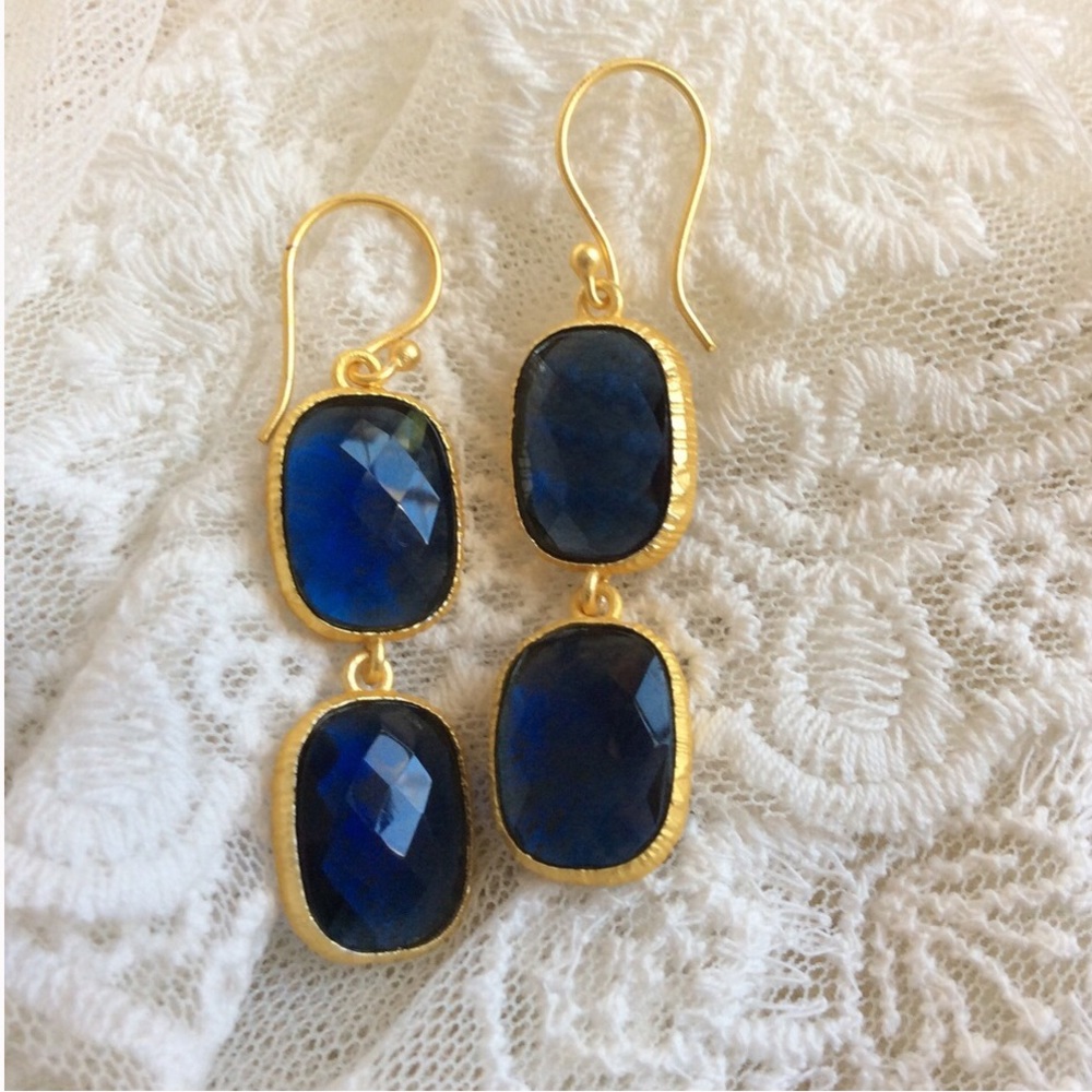 New Gold Plated 925 Blue Sapphire Earrings 2.24” Dangle